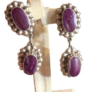 Taxco artisan sterling 925 Elegant Purple Stone Drop CLIP on Earrings